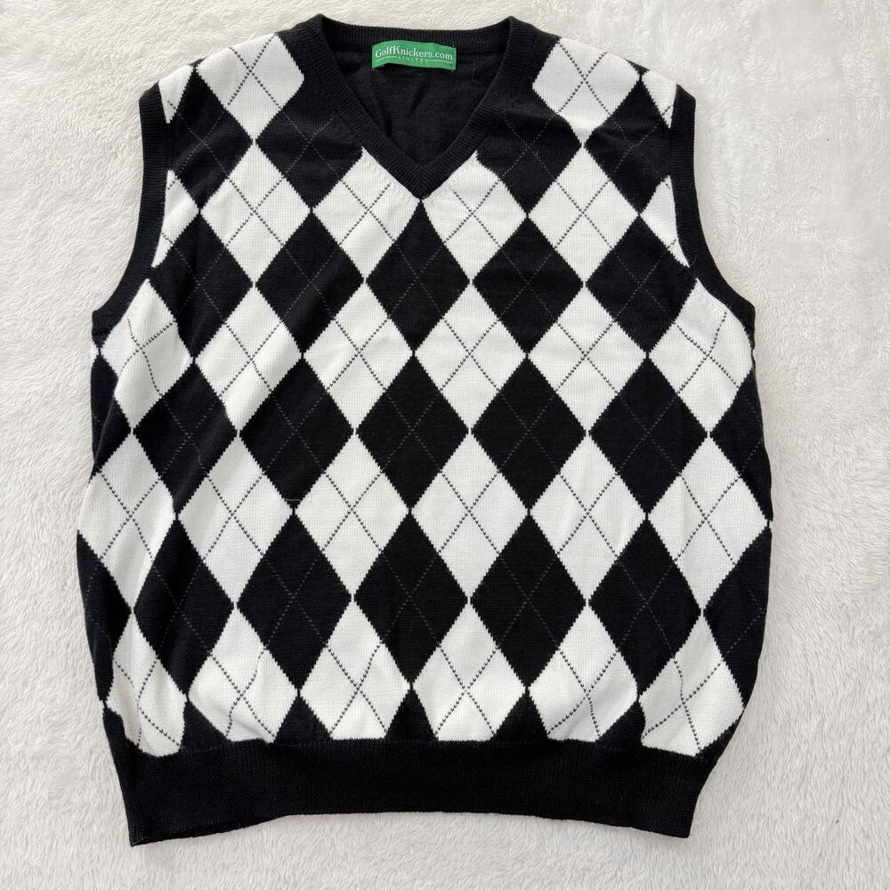 GOLFKNICKERS.COM Argyle Sweater Vest L Black White Golf Pullover Plaid